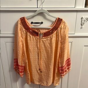 Orange Blouse with Tie Front and 3/4 Bell Sleeves